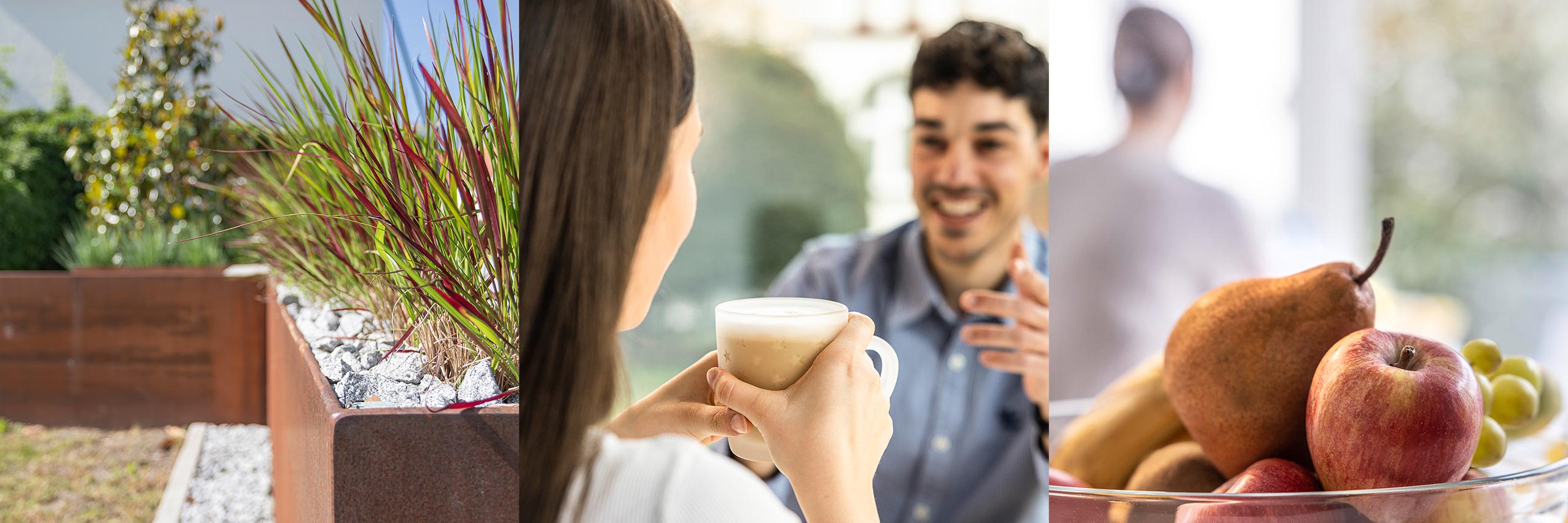 Foto: Collage aus drei Bildern: erstens Dachterrasse, zweitens Personen trinken Kaffee, drittens Obstkorb - 